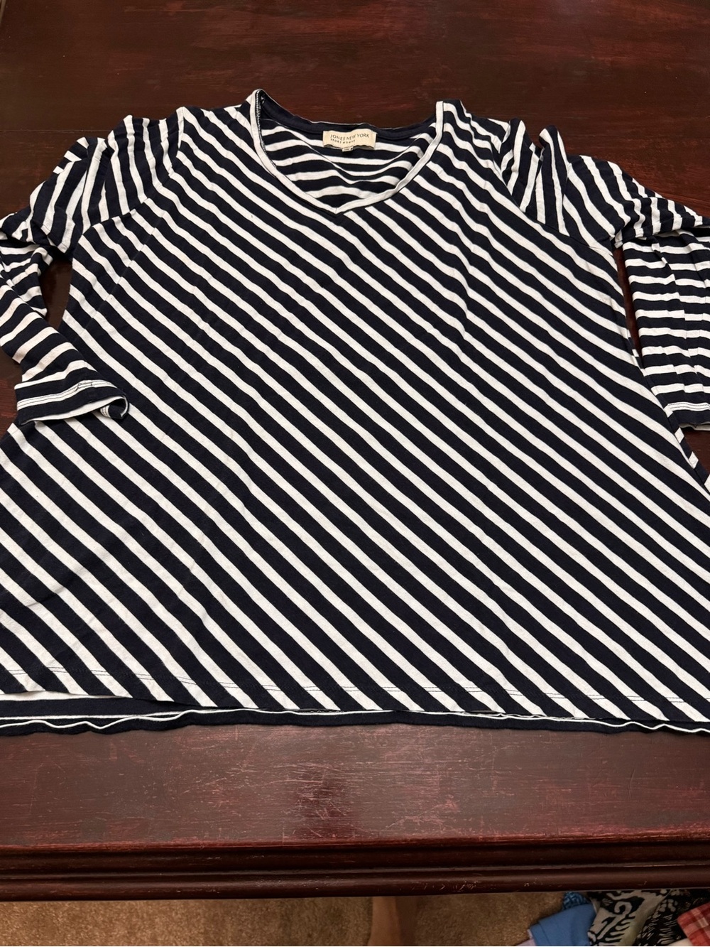 Jones New York Navy and White Striped V-Neck Tee